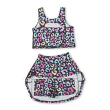 Sleeveless colorful leopard kids girls active wear set