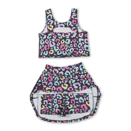 Sleeveless colorful leopard kids girls active wear set