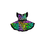 Black flutter sleeves colorful leopard girls dresses