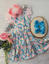 Pink flutter sleeves floral ruffle patchwork girls dresses