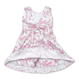 Sleeveless pink floral bow kids girls athletic dresses