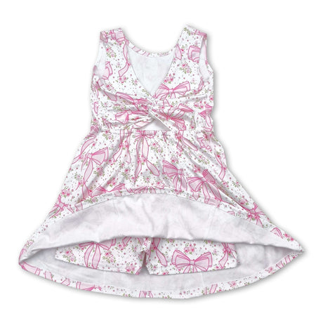 Sleeveless pink floral bow kids girls athletic dresses