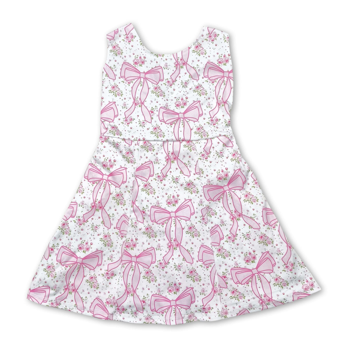 Sleeveless pink floral bow kids girls athletic dresses