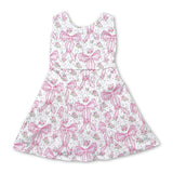 Sleeveless pink floral bow kids girls athletic dresses