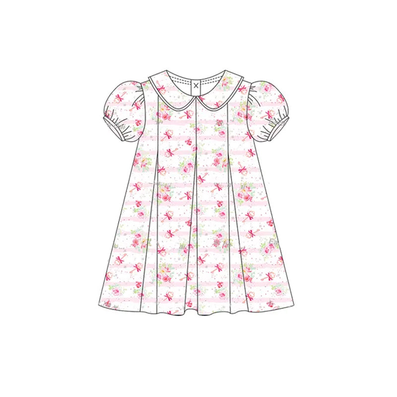 Short sleeves pink stripe floral baby girls dresses