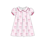 Short sleeves pink stripe bow baby girls dresses