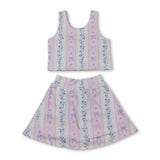 Sleeveless pink bow floral top skirt girls active wear set