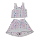 Sleeveless pink bow floral top skirt girls active wear set