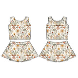 Sleeveless beige floral bow top skirt girls active wear set