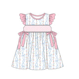 Pink flutter sleeves floral bow kids girls dresses