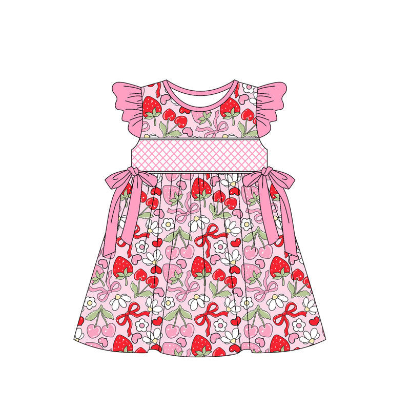 Pink flutter sleeves strawberry bow kids girls dresses