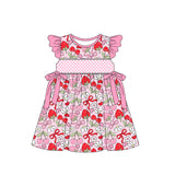 Pink flutter sleeves strawberry bow kids girls dresses