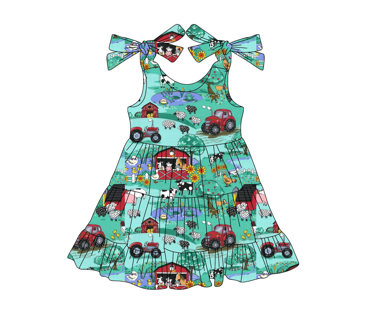 Straps cows tractors kids girls patchwork farm dresses