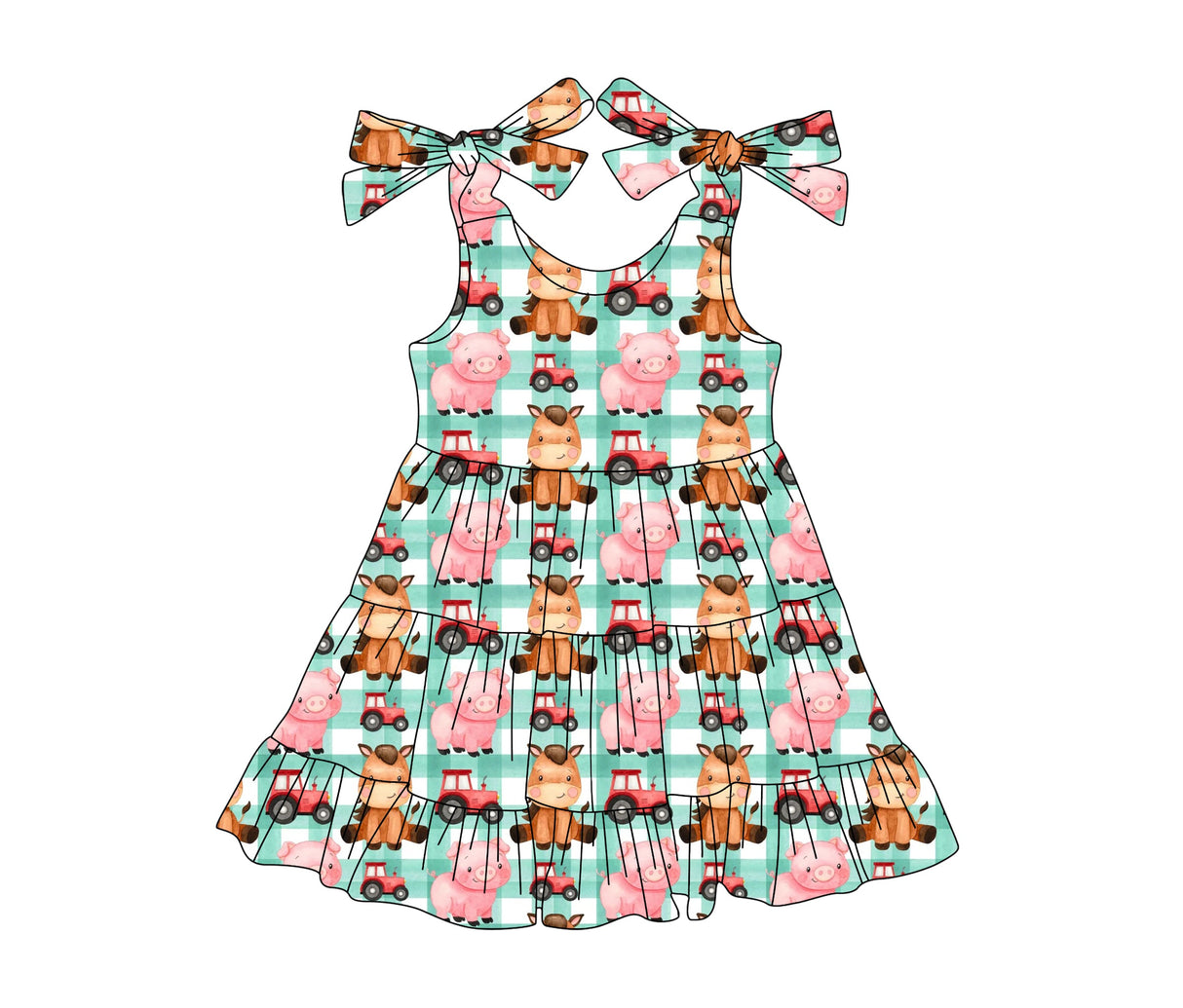 Green plaid straps pig tractors girls patchwork farm dress
