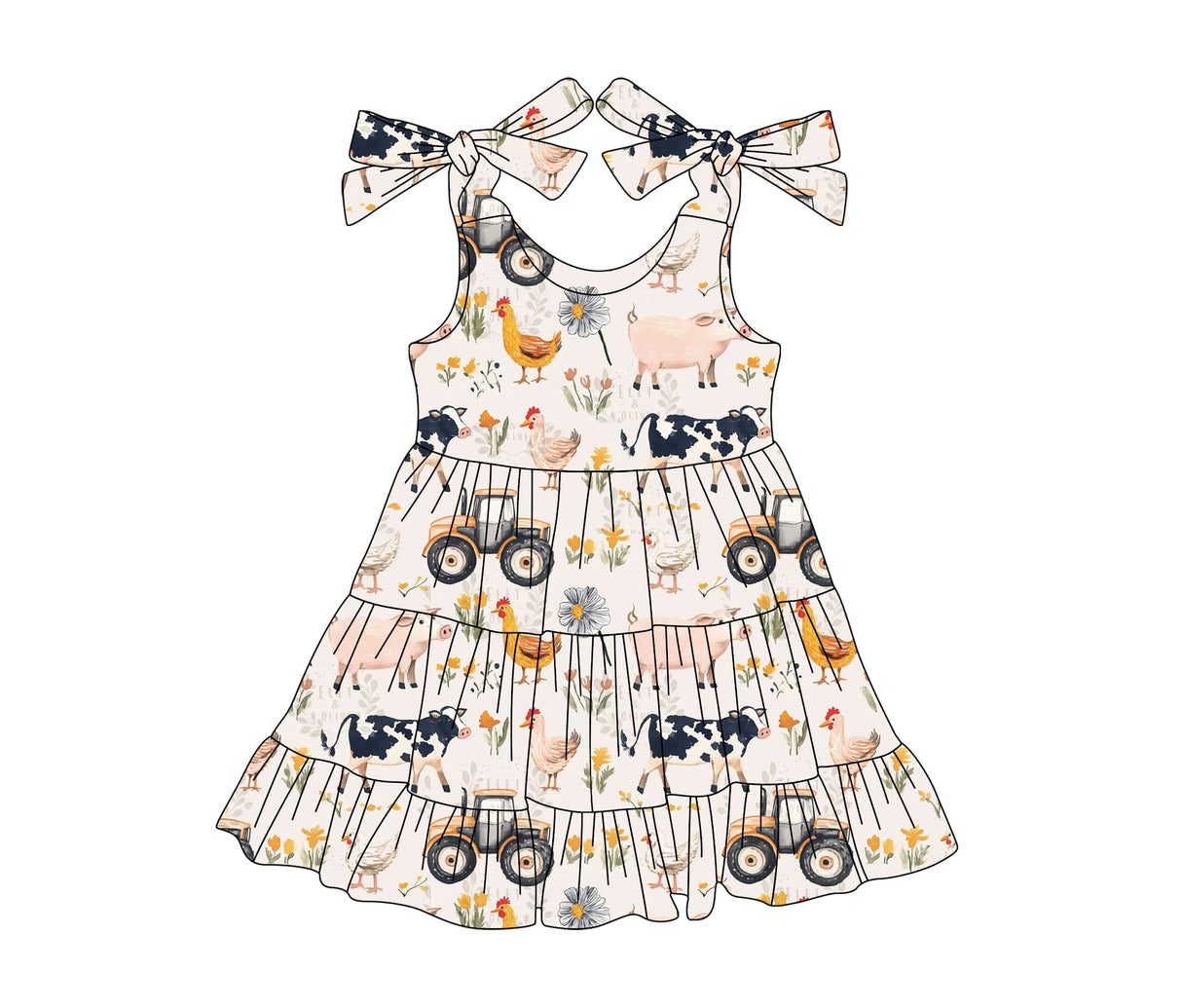Straps pig chicken cow girls patchwork farm dress