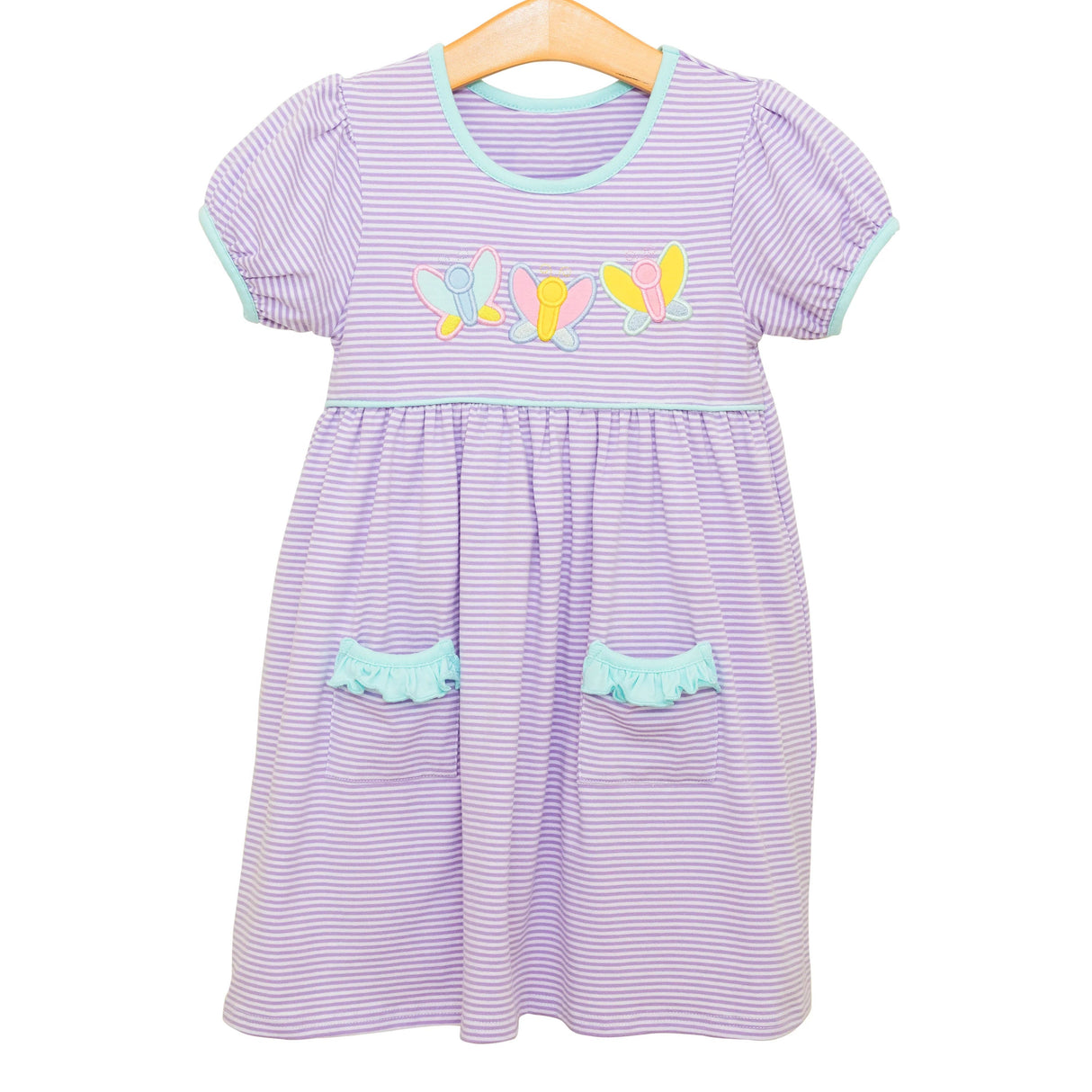 Short sleeves lavender stripe butterfly girls dresses