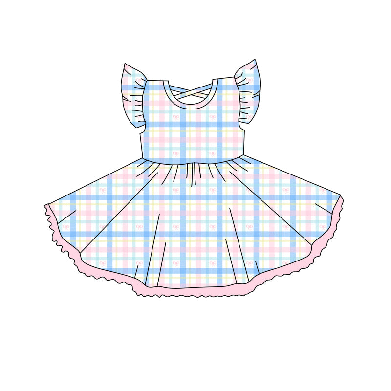 Flutter sleeves pink blue plaid bow kids girls summer dress