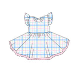 Flutter sleeves pink blue plaid bow kids girls summer dress