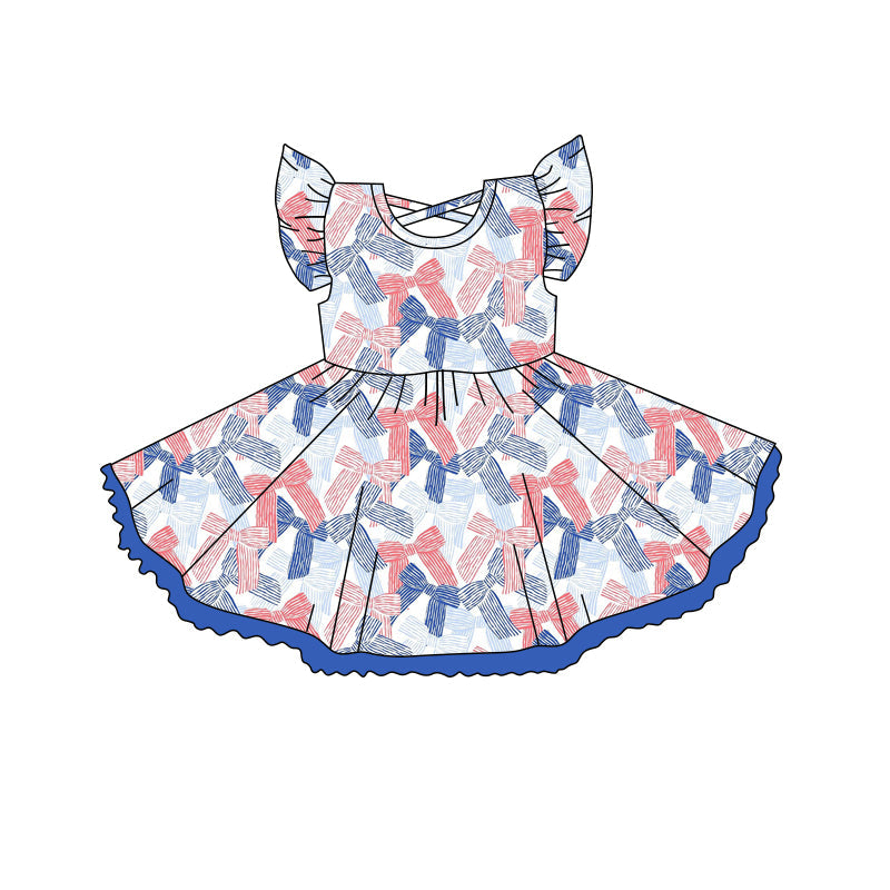 Flutter sleeves red blue bow kids girls 4th of july dress