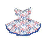 Flutter sleeves red blue bow kids girls 4th of july dress