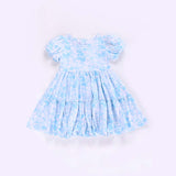 Short sleeves light blue floral patchwork baby girls dress