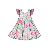 Pink flutter sleeves floral bow baby girls summer dress