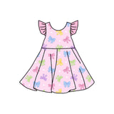 Pink flutter sleeves colorful bow baby girls summer dress