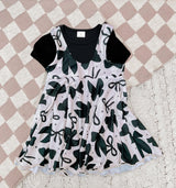 Short sleeves black top suspender bow dress girls clothes