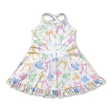 Straps colorful bows ruffle kids girls athletic dresses
