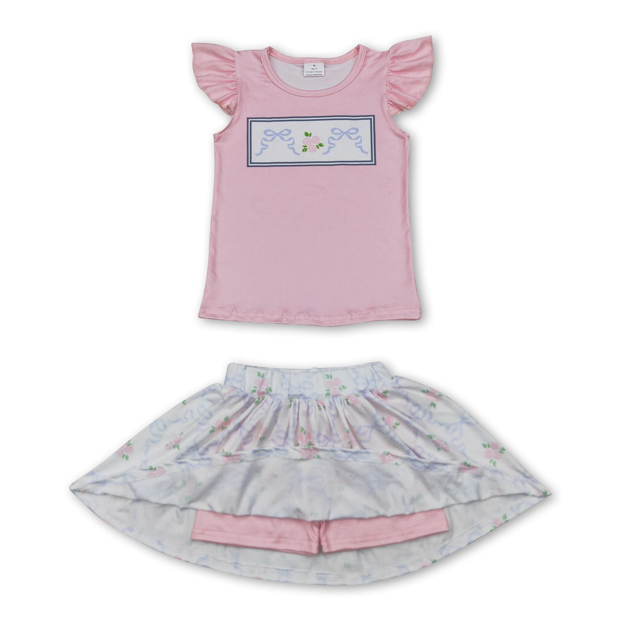 Flutter sleeves floral bow top skirt kids girls clothes