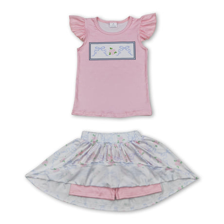 Flutter sleeves floral bow top skirt kids girls clothes