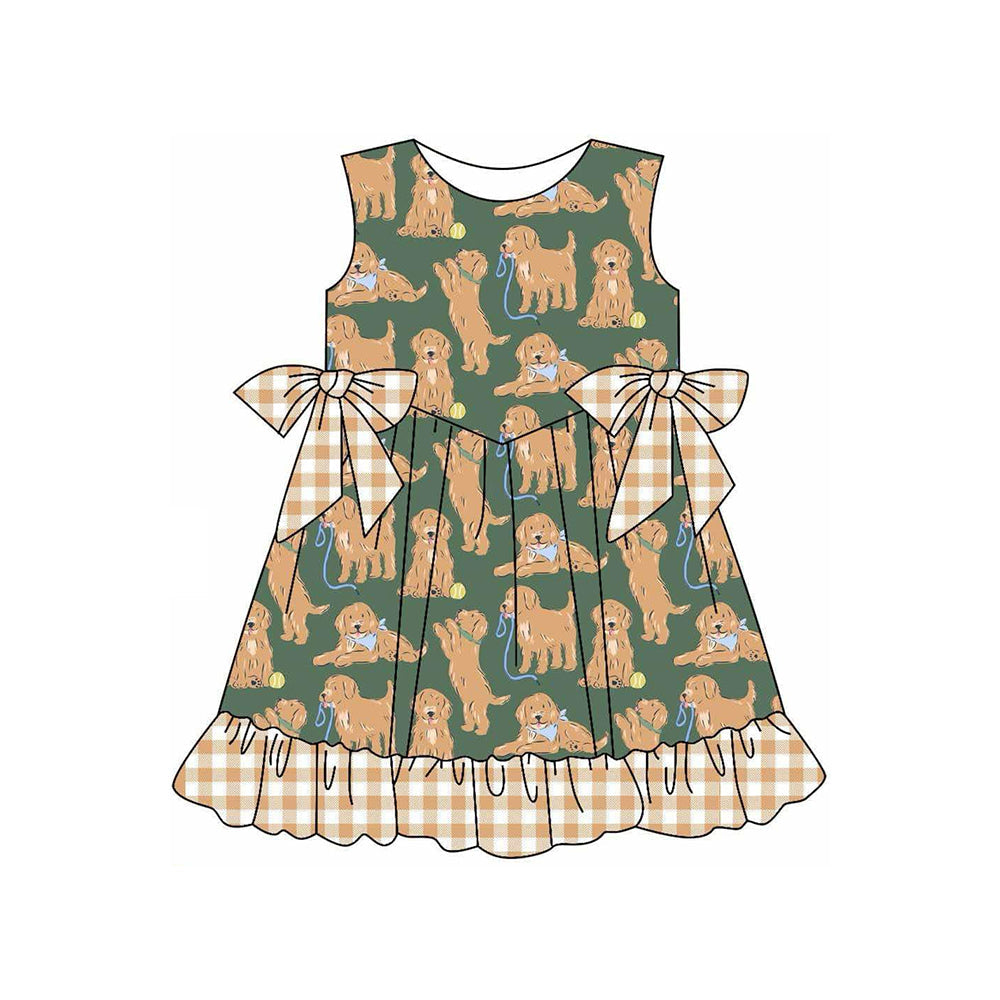 Sleeveless khaki plaid ruffle dog baby girls summer dresses