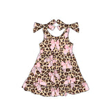 Leopard straps pink bow baby girls summer dresses