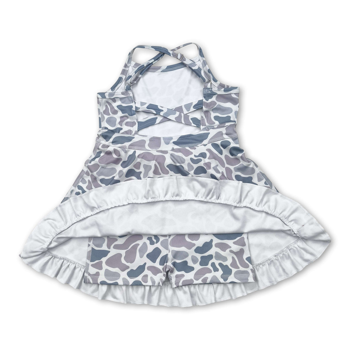 Grey Camo Straps Ruffle Girls Athletic Dress 10-12T Grey Camo Straps Ruffle Girls Athletic Dress 10-12T