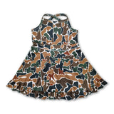 Brown camo straps ruffle girls athletic dress
