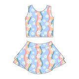 Sleeveless white floral top skirt kids girls active wear set