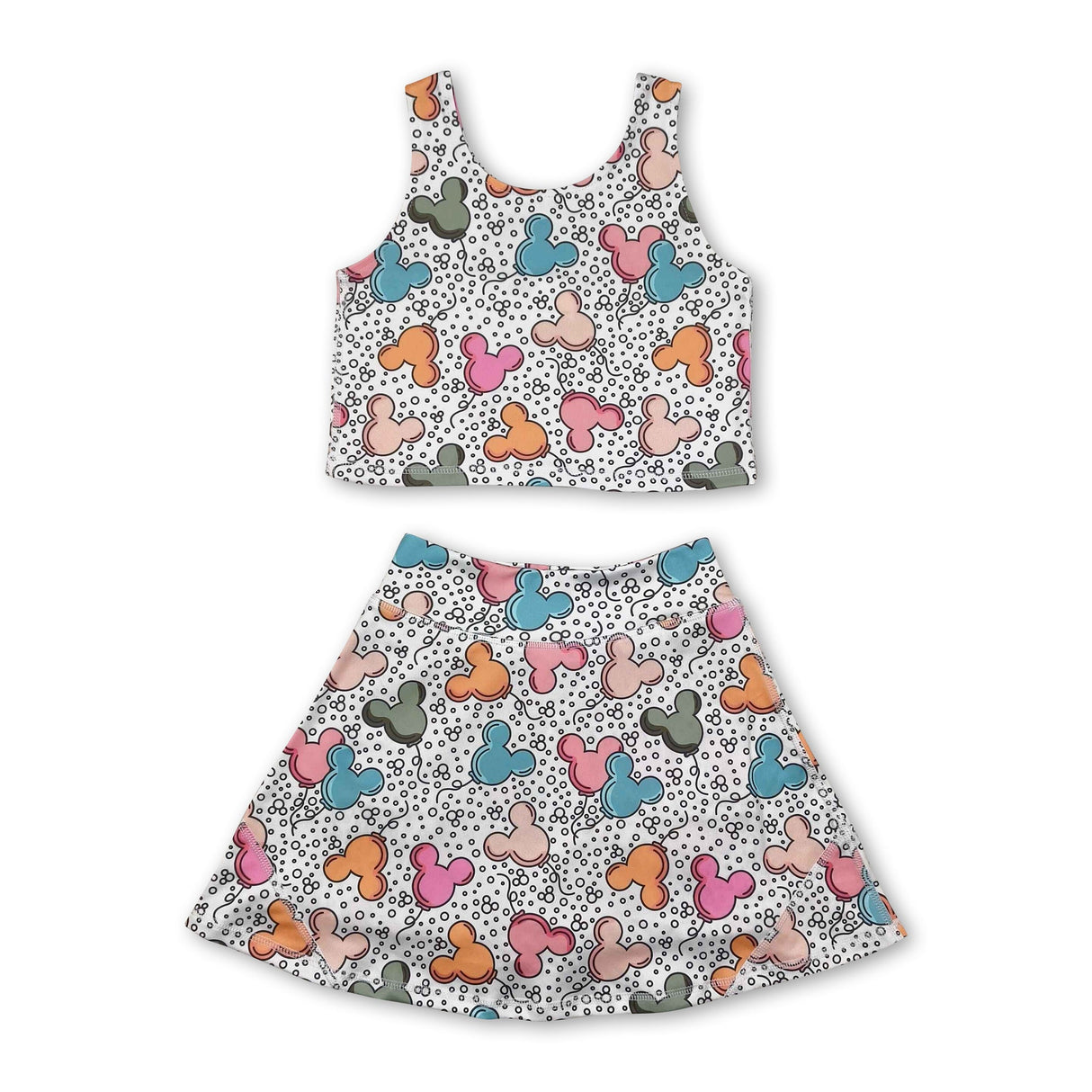 Sleeveless mouse balloon top skirt kids girls active wear set