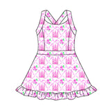 Pink bow castle ruffle kids girls athletic dresses