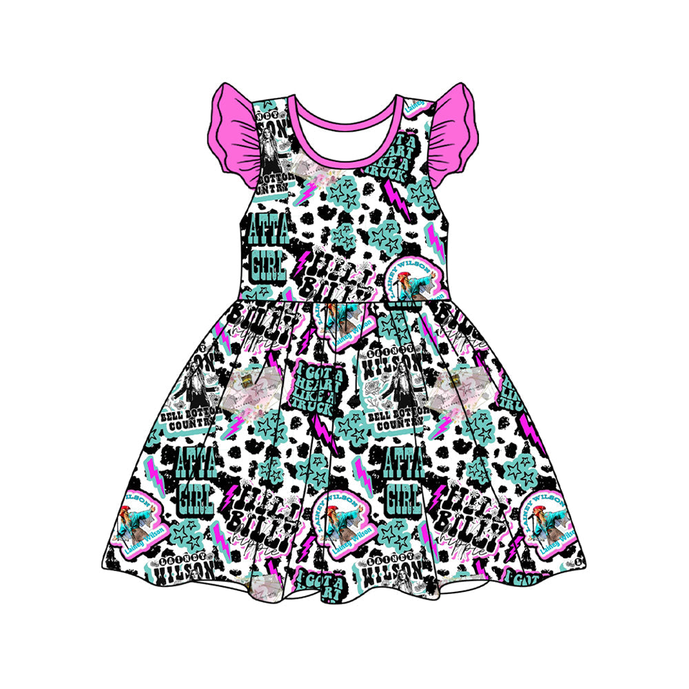 Flutter sleeves truck cow stars singer girls dresses