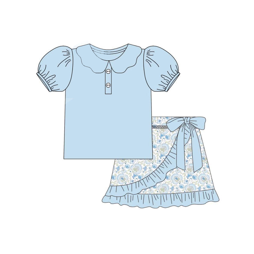 Light blue short sleeves top floral ruffle skirt girls clothes