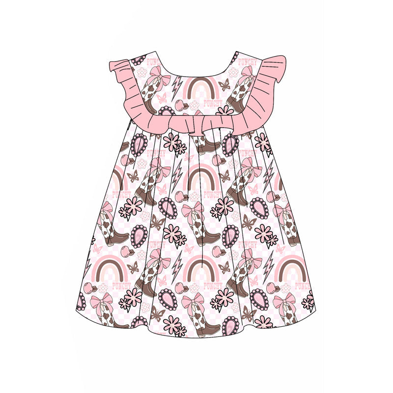 Pink ruffle boots bow rainbow western girls dresses