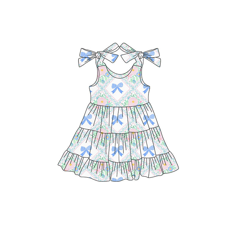 Light blue bow floral patchwork kids girls dresses