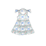Light blue bow floral patchwork kids girls dresses