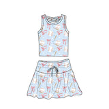 Sleeveless baseball bow top skirt girls activewear set