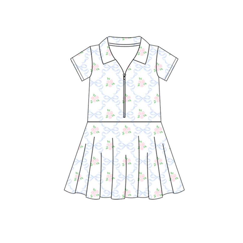 Light blue bow floral zipper kids girls polo athletic dress