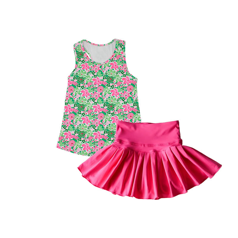 Sleeveless floral bow top skirt kids girls activewear set