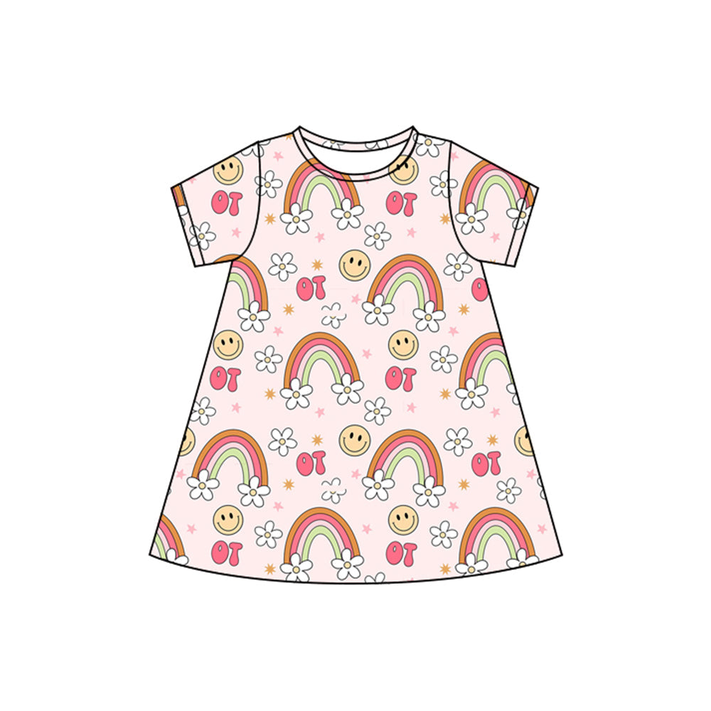 Short sleeves rainbow smile floral kids girls dresses