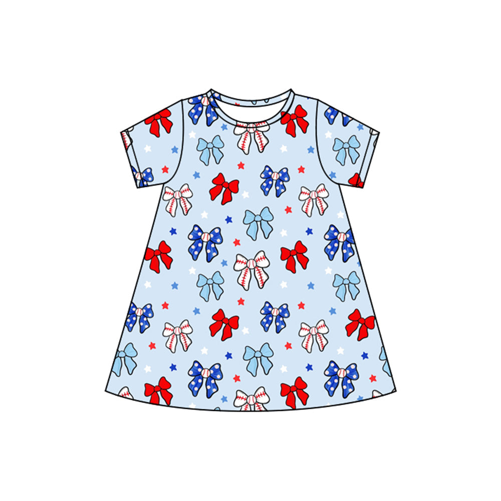 Short sleeves baseball bow kids girls 4th of july dress