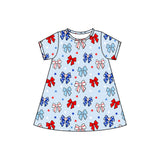 Short sleeves baseball bow kids girls 4th of july dress