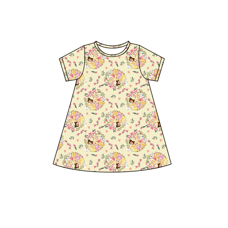 Short sleeves floral bow yellow princess kids girls dress